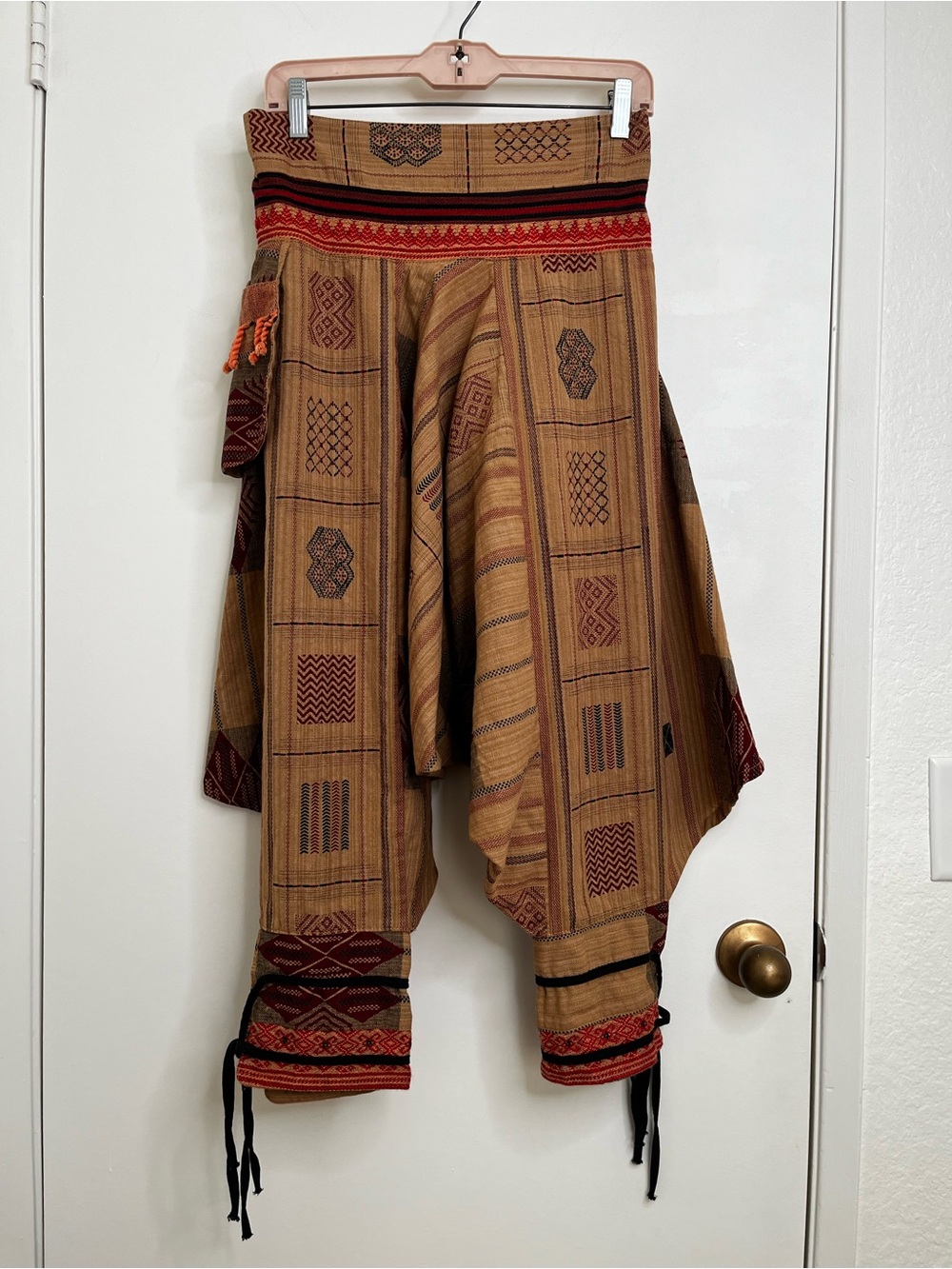 Thai Hill Harem Pants Tan Red Ankle Ties One Size Drop Crotch Aladdin Boho Baggy
